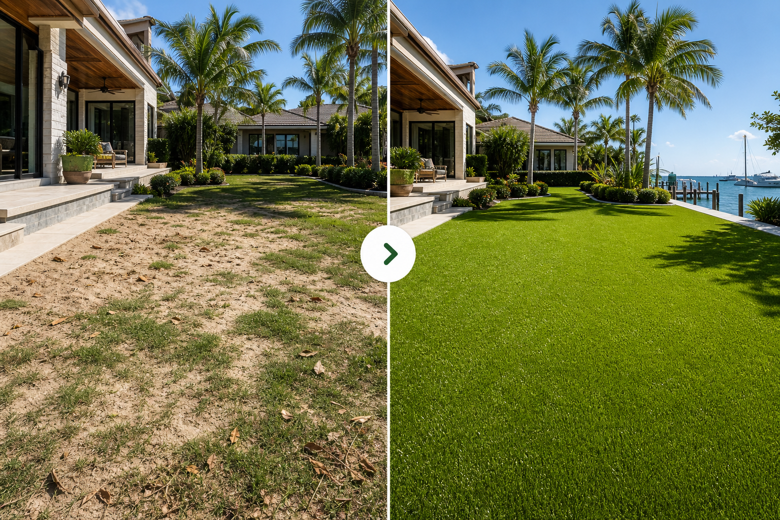 Before and after turf restoration at a coastal luxury home.