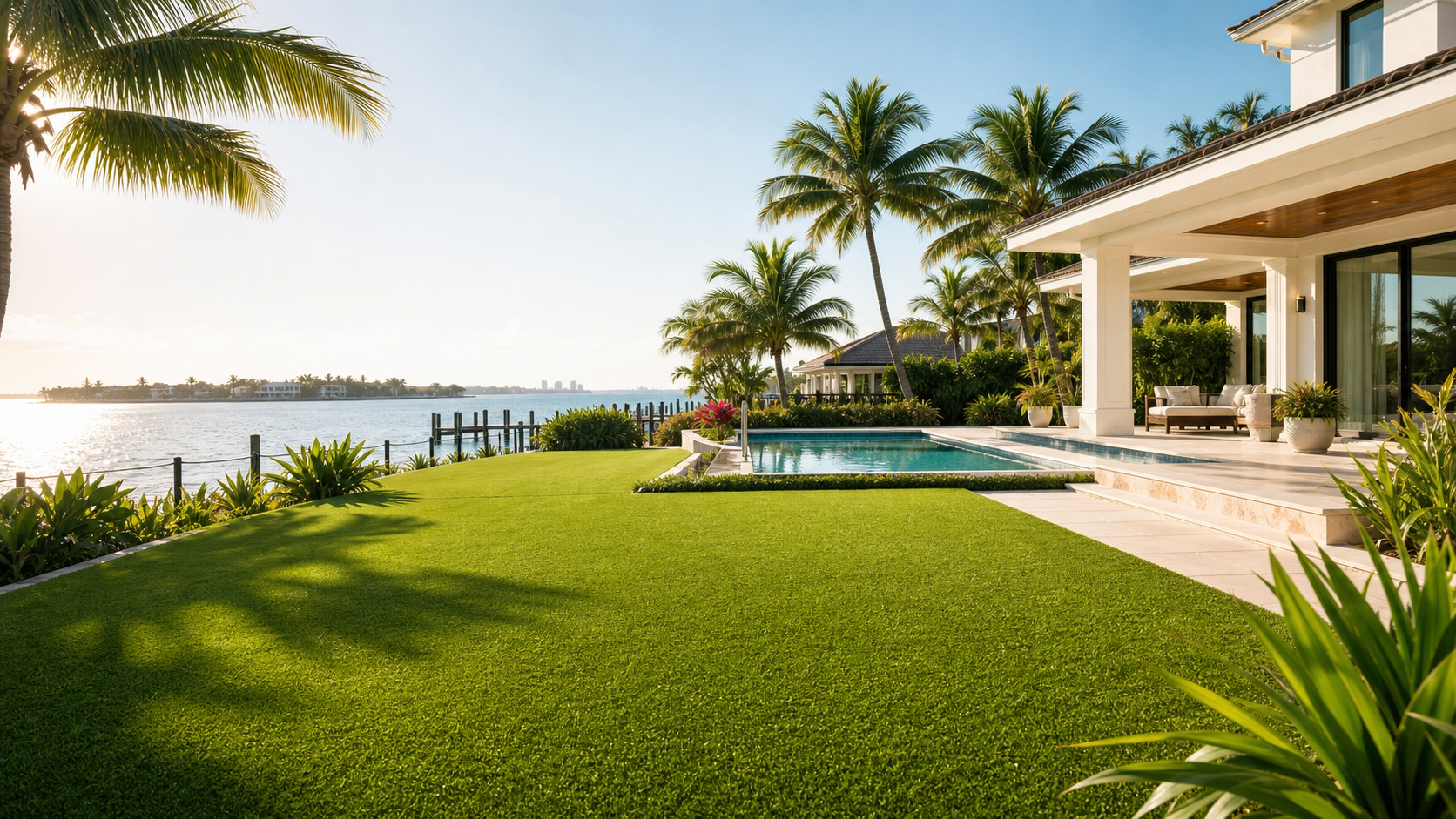 Luxury Jupiter waterfront home with clean artificial turf, pool, palm trees, and coastal landscaping.