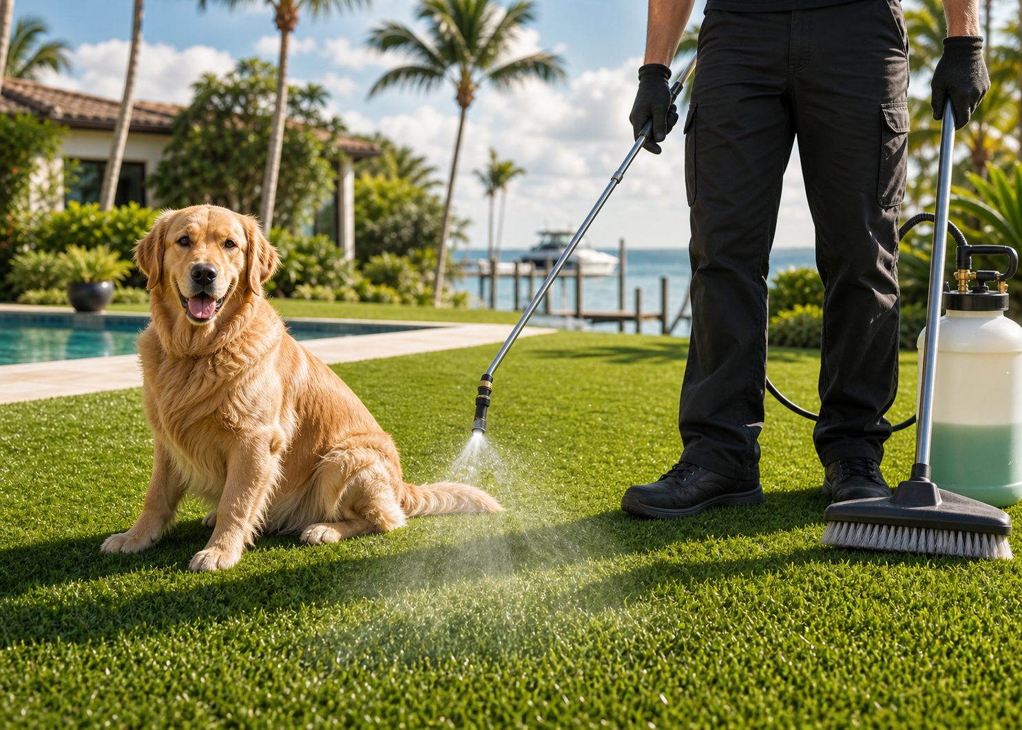 Pet-safe turf sanitation service on clean artificial grass.